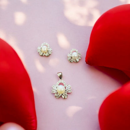 Floral Bow pearl silver pendant set