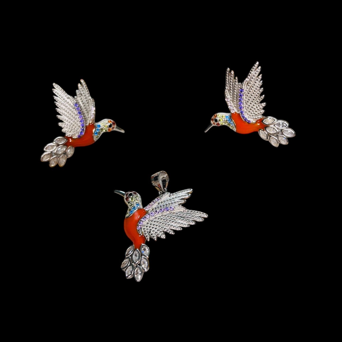 Fly high Orange Humming bird pendant set