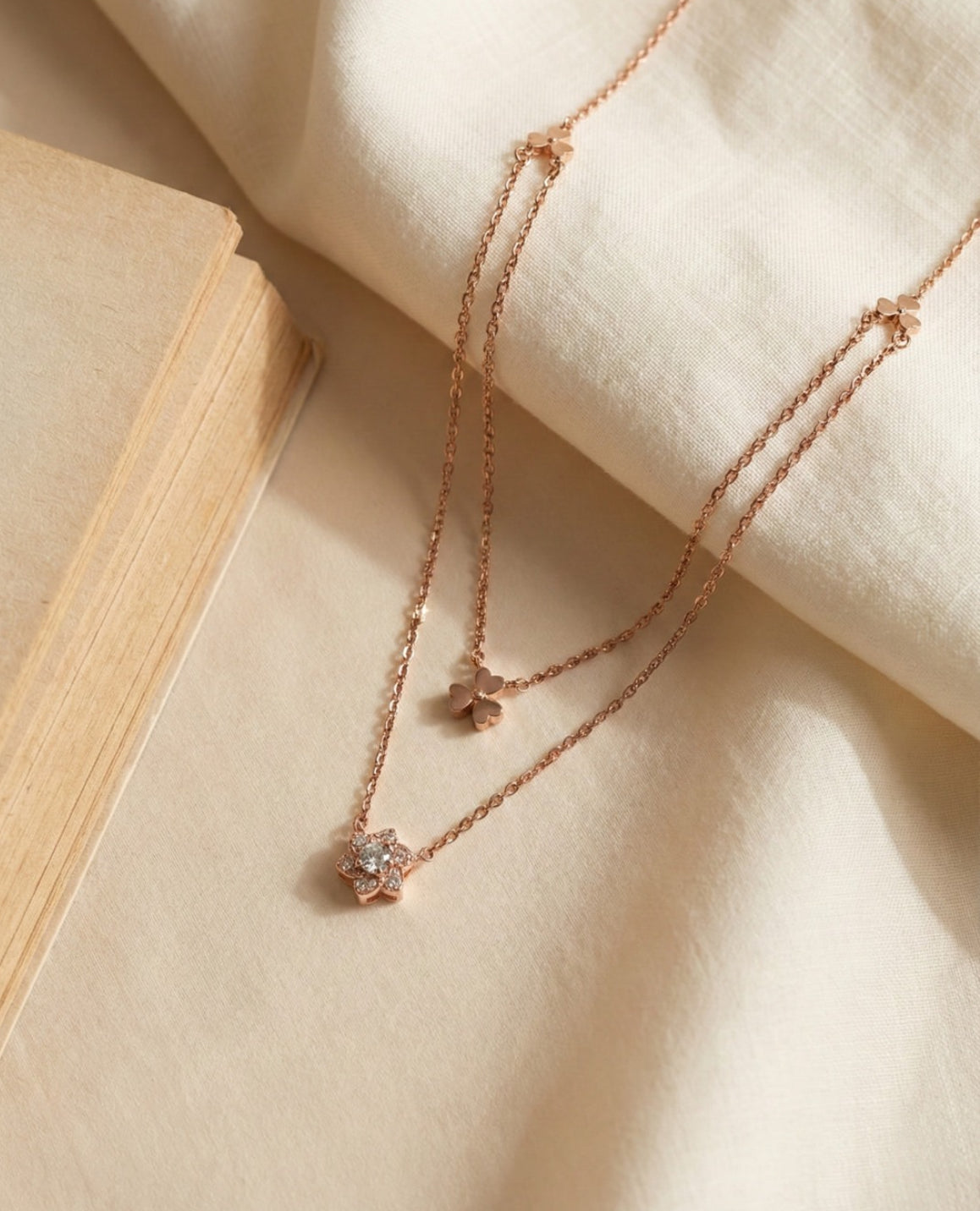 Double layer floral rose gold necklace