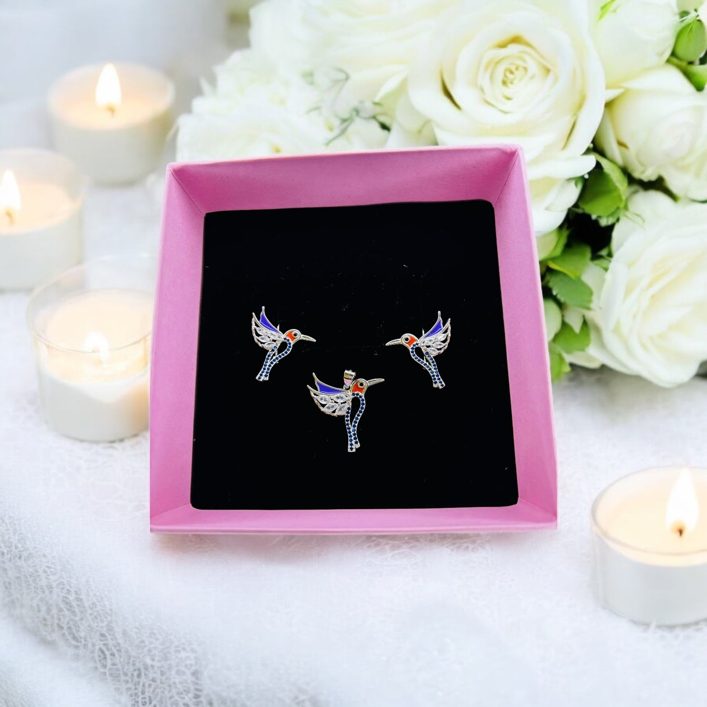 CZ Enamel Humming bird pendant set