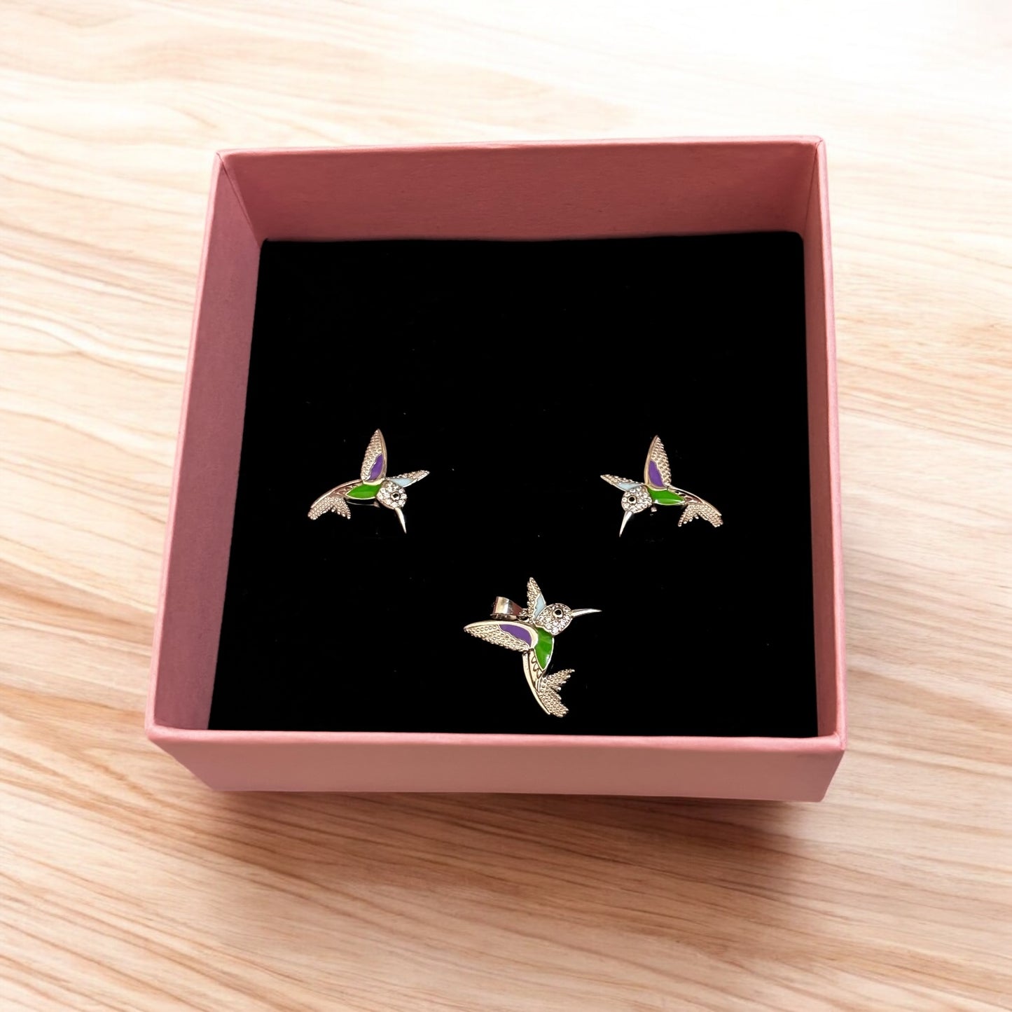 Cute hummingbird 925 silver pendant set