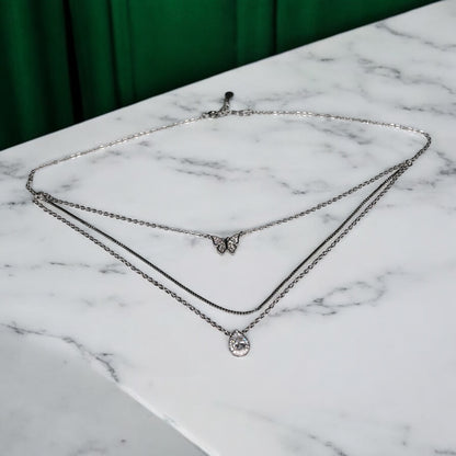 Triple chain Rhodium plated silver necklace