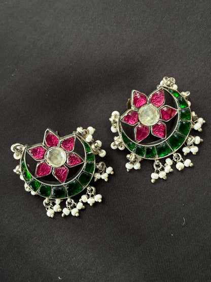 Multistone oxidised Chandbali 925 Silver studs