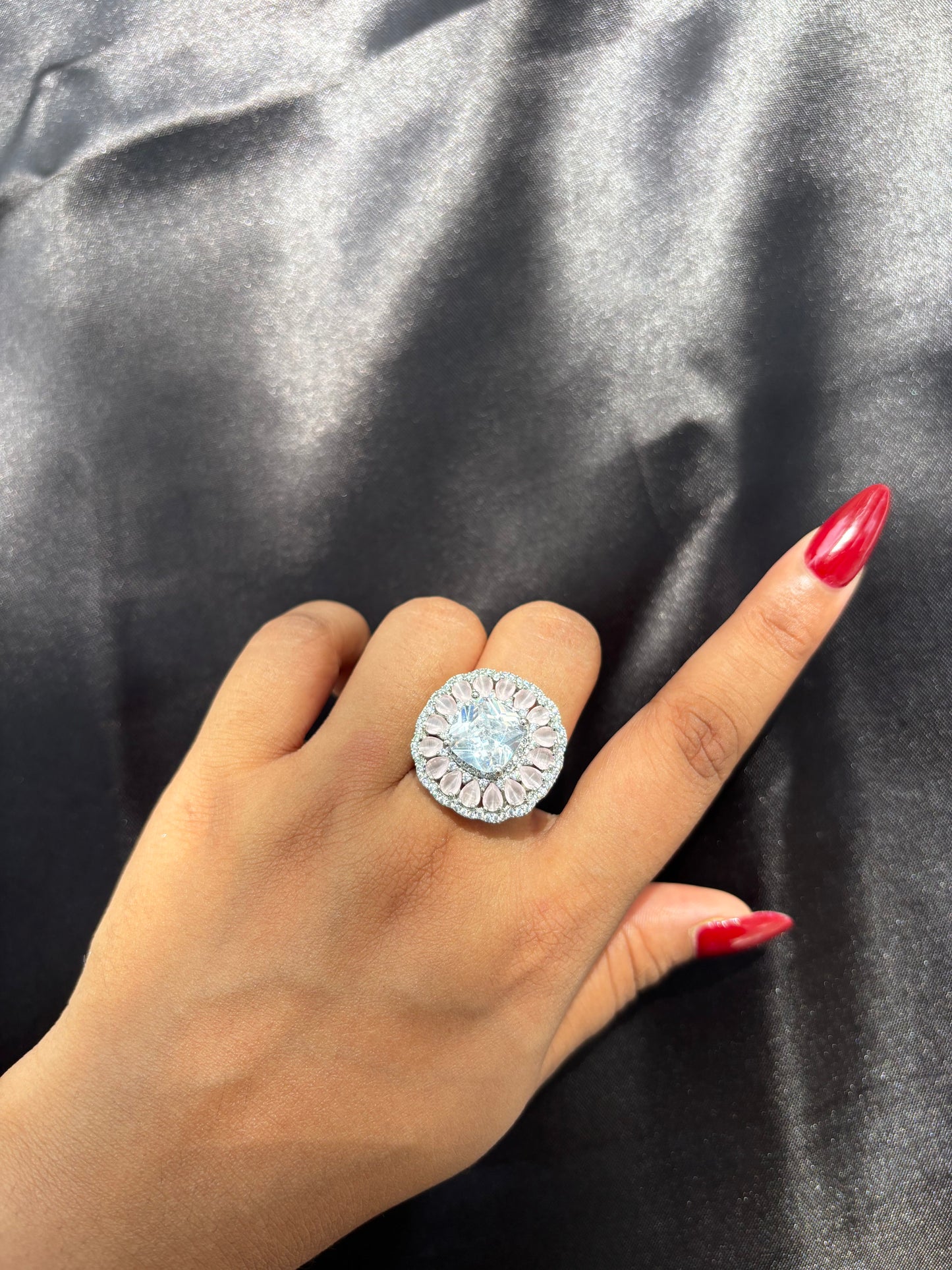 Emerald studded diamond Cocktail adjustable ring