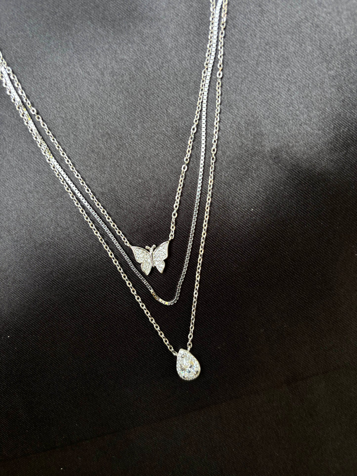 Triple chain Rhodium plated silver necklace