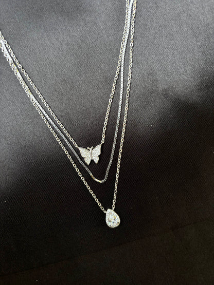 Triple chain Rhodium plated silver necklace