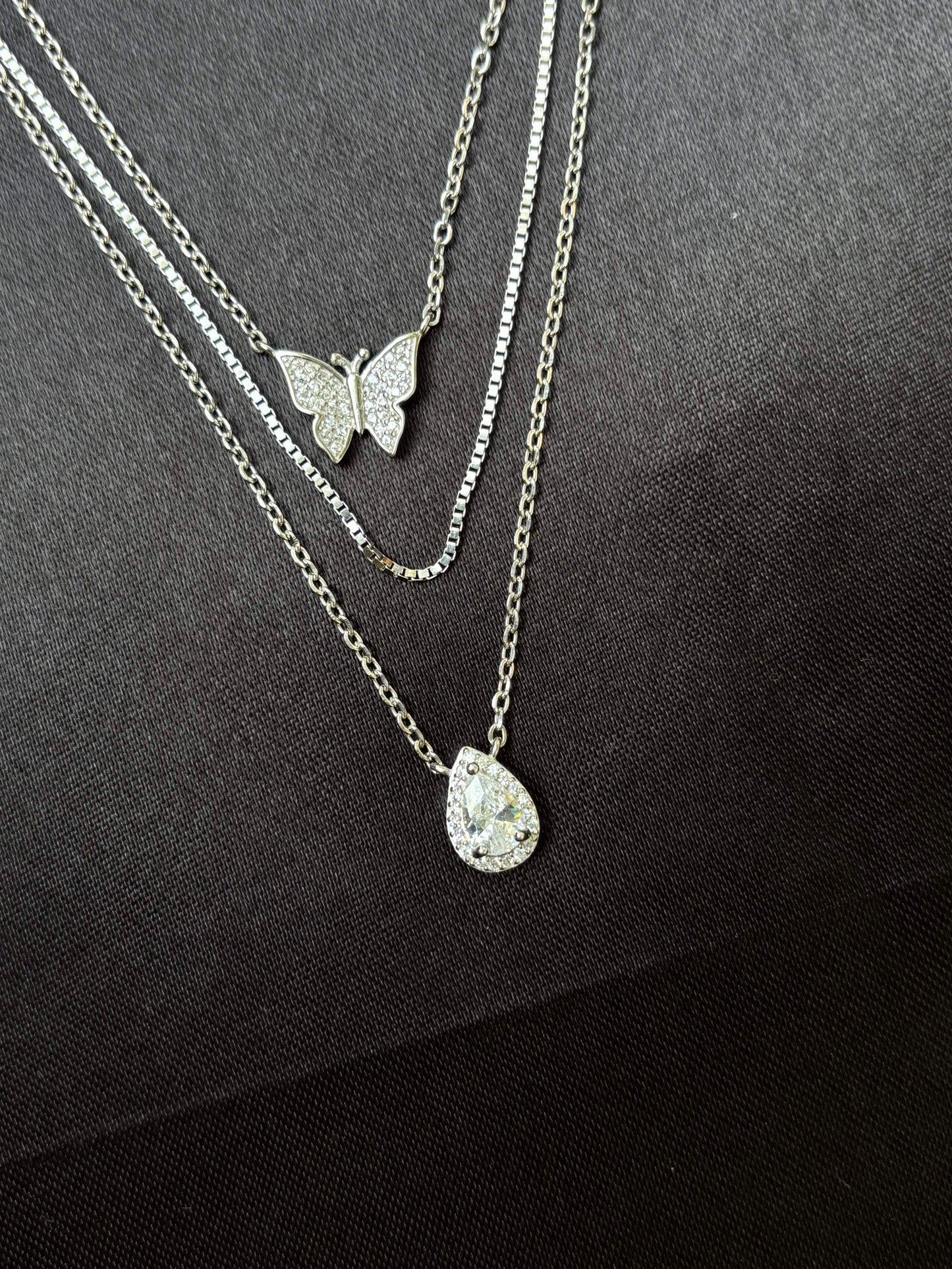 Triple chain Rhodium plated silver necklace