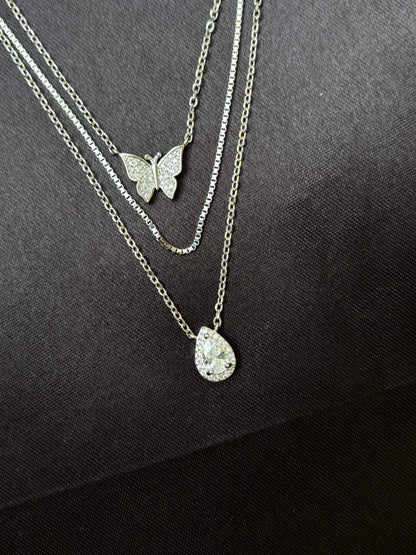 Triple chain Rhodium plated silver necklace