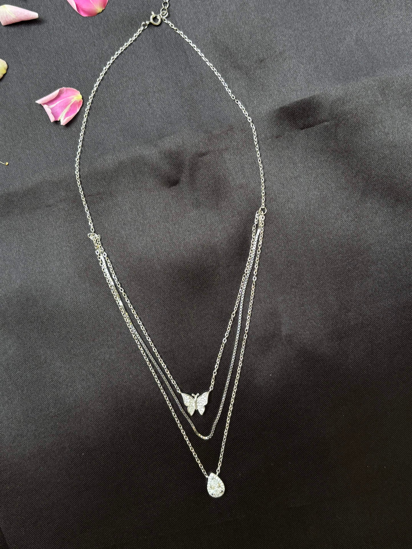 Triple chain Rhodium plated silver necklace