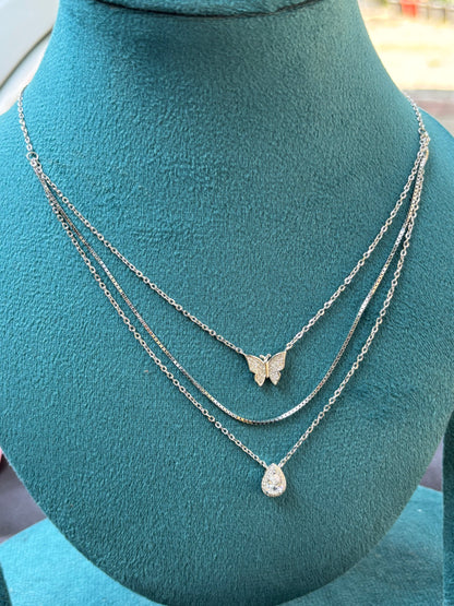 Triple chain Rhodium plated silver necklace