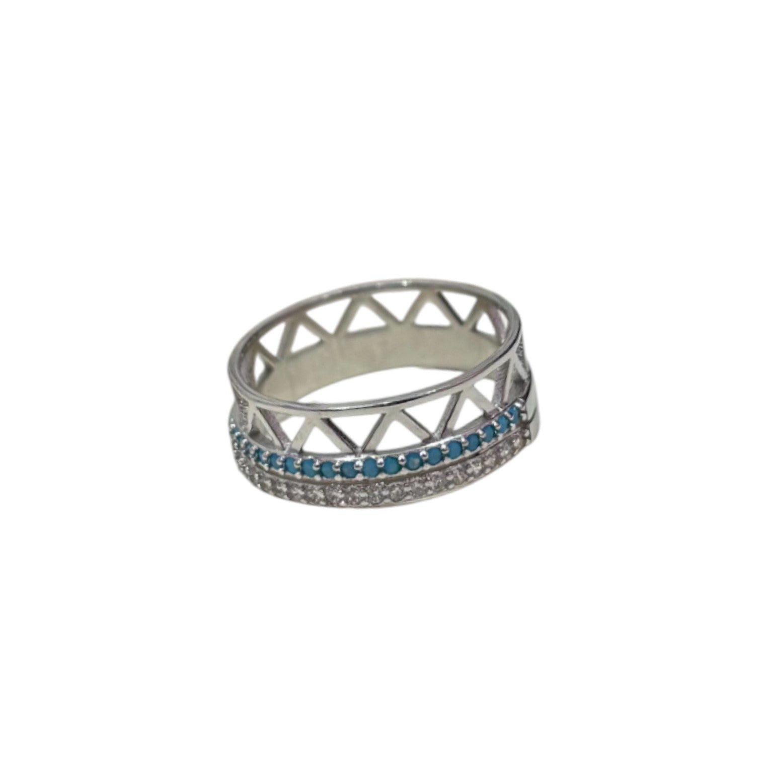 Silver ring with blue gemstones on a white background