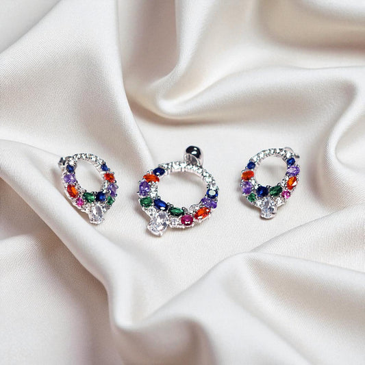 Multicolour statement oval Silver pendant set