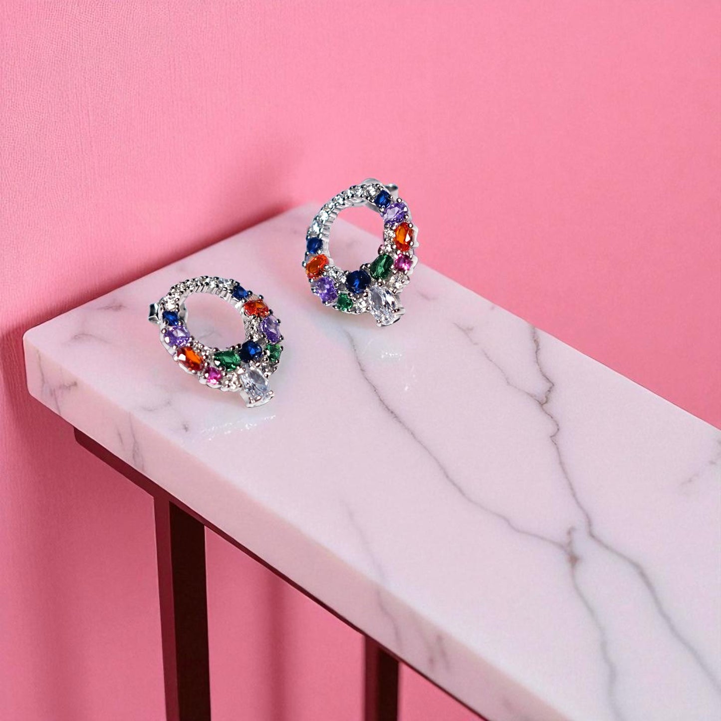 Multicolour statement oval Silver pendant set