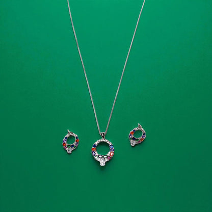 Multicolour statement oval Silver pendant set