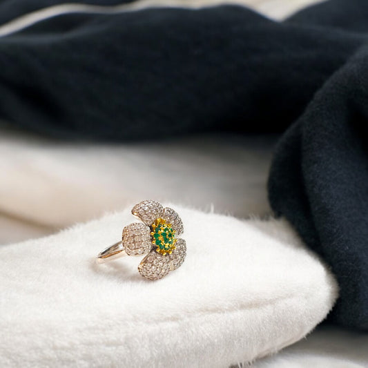 Multitone Petals CZ Cocktail Adjustable Ring