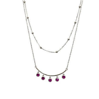 Ruby stone drop double layer silver necklace