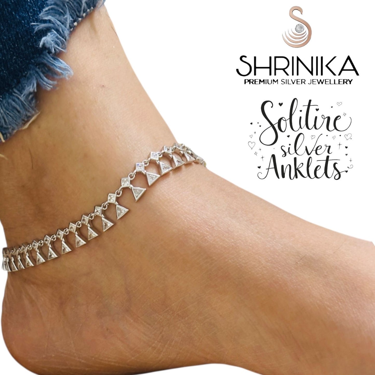 Twinkle Triangular Solitaire charms 925 Silver Anklet